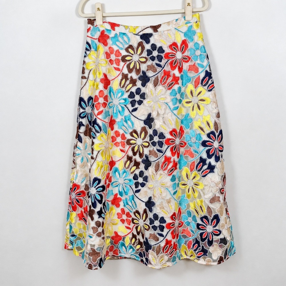 Eva Franco Embroidered Floral Lace Midi Skirt Size 10 Statement E8MS06AN